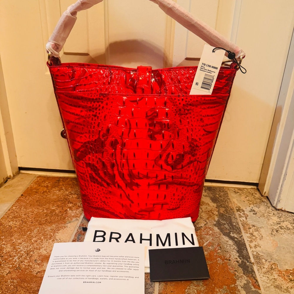 NWT!! Brahmin Shira Bucket Bag in Vibrant Red Flare, Croc Embossed Leather! - Picture 7 of 16
